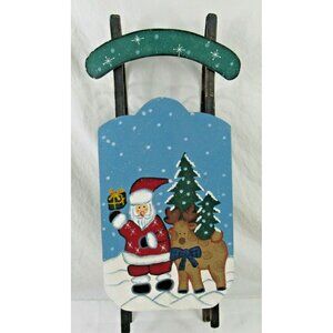 Vintage Christmas Sled Painted Santa Reindeer 23" Décor